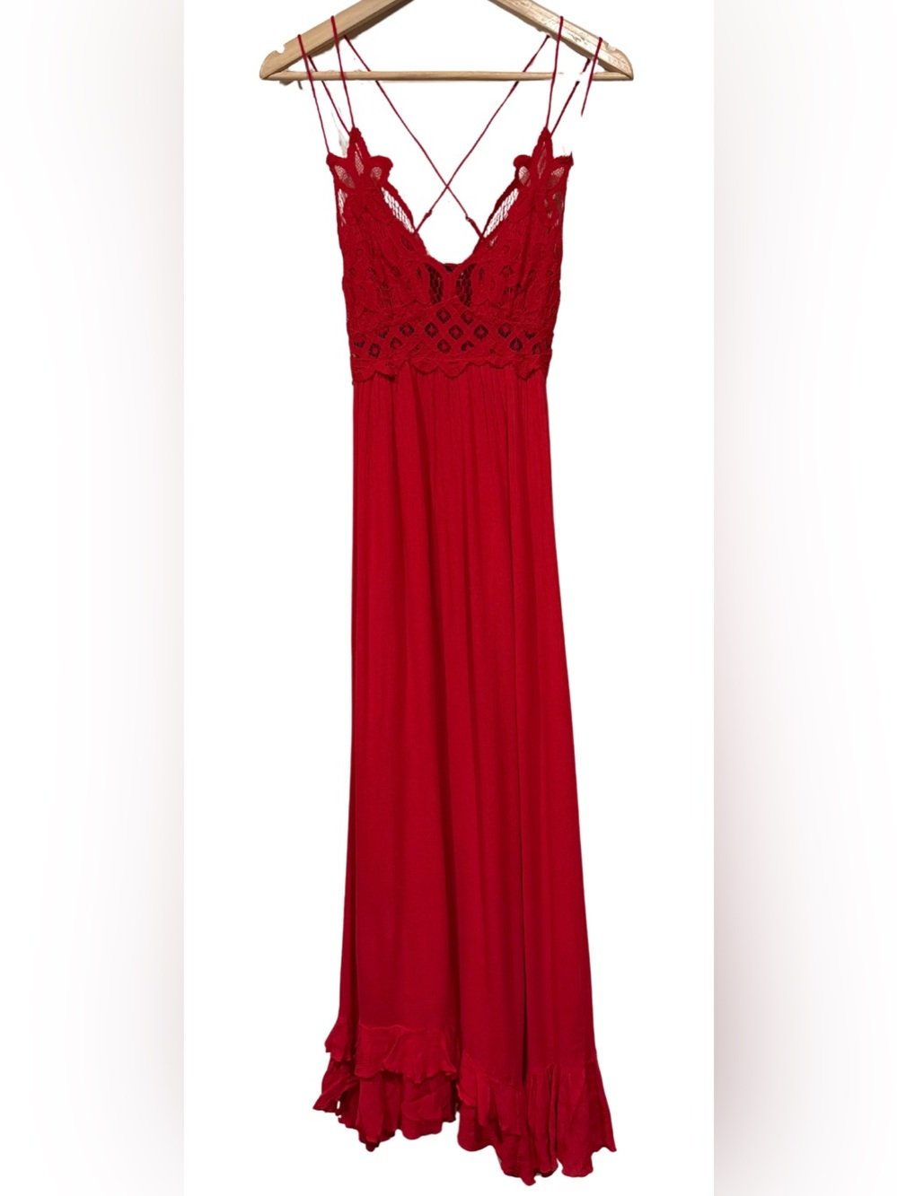 Free People FP One Adella Maxi Slip Dress Red Size S Ruffle Lace Floral Romantic - Picture 3 of 10